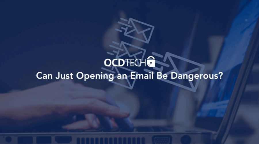 person cautiously viewing an email inbox on a laptop screen with cybersecurity alerts