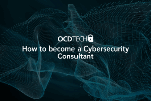 Cybersecurity consultant analyzing network data on multiple screens in a modern office environment.