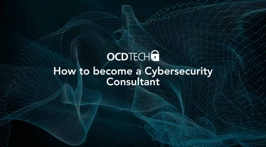 Cybersecurity consultant analyzing network data on multiple screens in a modern office environment.